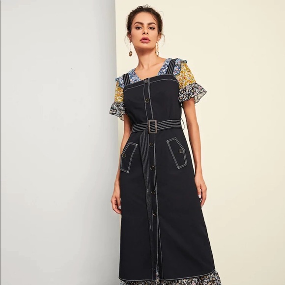 Contrast Stitch Button Up Dress - Picture 1 of 8